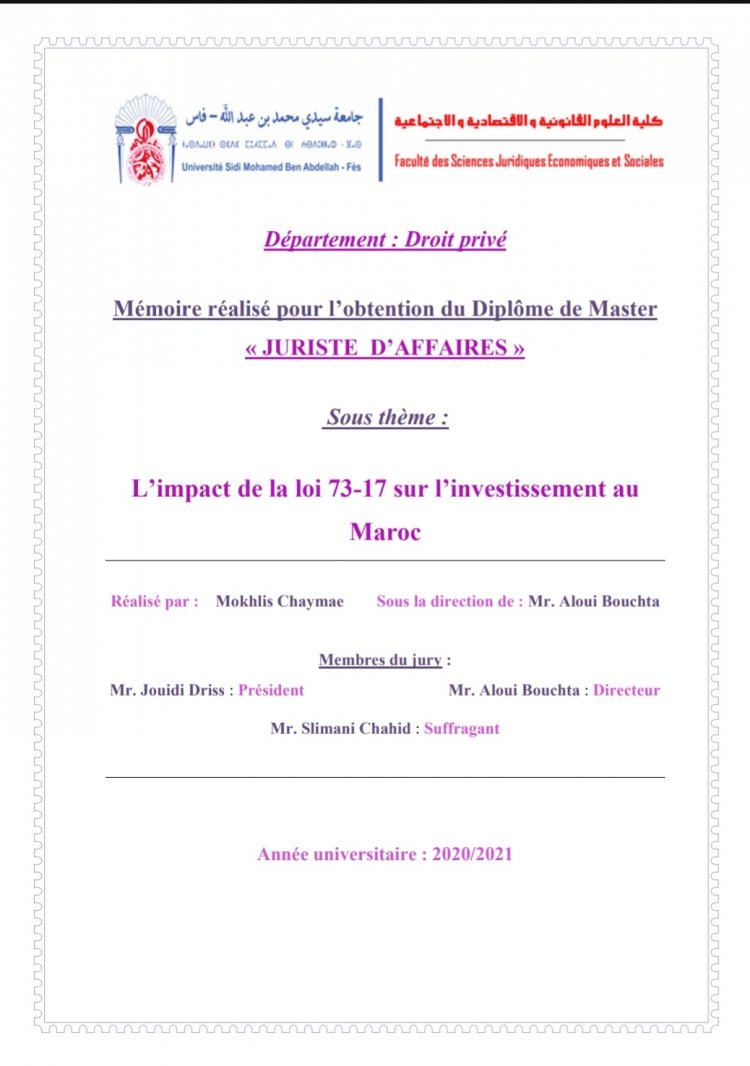pfe de master  L'impact de la loi 73-17 sur l'investissement au Maroc
