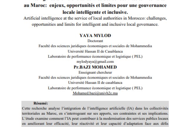 L'intelligence artificielle au service des collectivités territoriales au Maroc: enjeux, opportunités et limites pour une gouvernance locale intelligente et inclusive. 